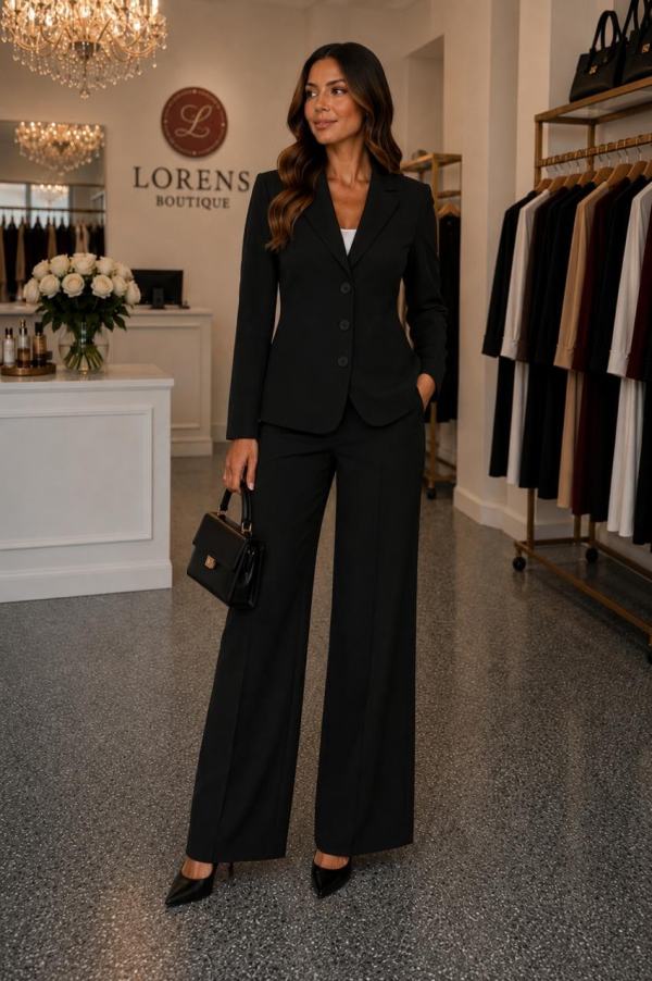 Traje sastre negro de saco entallado y pantalón de pierna ancha, en Lorens Boutique
